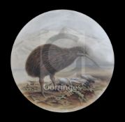 A pair New Zealand related painted opaque glass plaques each decorated with a Kiwi, 11.5in.