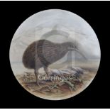 A pair New Zealand related painted opaque glass plaques each decorated with a Kiwi, 11.5in.