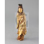 A Chinese Ming dynasty ivory figure of Guanyin, 17th century, wearing Bodhisattva jewellery and