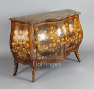 A Dutch rosewood and marquetry bombe commode, fitted three long drawers, W.4ft D.1ft 7in. H.2ft