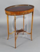 A Sheraton revival painted satinwood bijouterie table, W.2ft 2in. D.1ft 6in. H.2ft 7in.