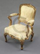 Denis Hillman. A Louis XV style gilt carved wood miniature fauteuil, with cream silk brocade