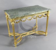 A French Louis XVI style giltwood centre table, with rectangular variegated marble top, floral