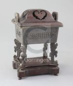 A Chinese bronze censer, fang ding, late Ming dynasty, with 19th century rosewood cover and stand,