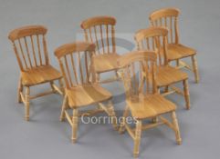 Denis Hillman. A set of six miniature Victorian style beech kitchen dining chairs, with shaped lathe