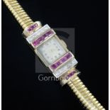 A lady's 1950's? high carat gold, synthetic? ruby and diamond set cocktail watch, with rectangular