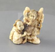 A Japanese ivory netsuke of a Samurai and a priest, signed Shunkosai, 19th century, three