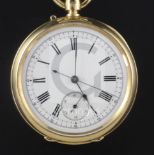 A Victorian 18ct open face keyless chronograph pocket watch, with Roman dial and subsidiary