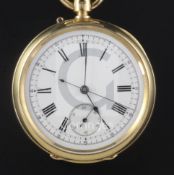 A Victorian 18ct open face keyless chronograph pocket watch, with Roman dial and subsidiary
