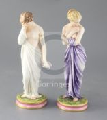 A pair of Royal Worcester Kerr & Binns figures of 'Sorrow' and 'Joy', lilac and white colourways,