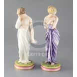 A pair of Royal Worcester Kerr & Binns figures of 'Sorrow' and 'Joy', lilac and white colourways,