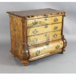 A mid 18th century Dutch pinewood ogee shaped chest, with four long drawers, on bowed base, W.3ft