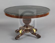 A 19th century French mahogany centre table, with grey marble top, on a baluster underframe with