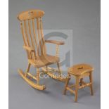Denis Hillman. A Victorian style beech miniature rocking armchair and matching stool with a saddle