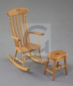 Denis Hillman. A Victorian style beech miniature rocking armchair and matching stool with a saddle