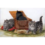 Bessie Bamber (fl.1900-1910)oil on opaque glass panelThree kittens beside a basketmonogrammed6.5 x