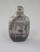 A Chinese iron and silver inlaid snuff bottle, late 19th/early 20th century, decorated with