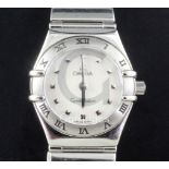A lady's stainless steel Omega Constellation quartz wrist watch, with mother of pearl dial and dot