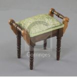Denis Hillman. A Victorian style miniature piano stool, on turned legs with a cut green velvet