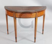 A Sheraton revival marquetry inlaid satinwood and rosewood demi lune console table, with squared