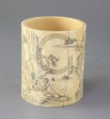 A Chinese ivory brush pot, 18th/19th century, engraved and highlighted in black with fishermen in