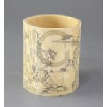 A Chinese ivory brush pot, 18th/19th century, engraved and highlighted in black with fishermen in