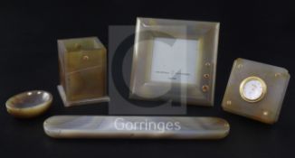 A Seaman Schepps five piece agate and gem set desk set, including a timepiece, photograph frame