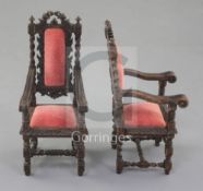 Denis Hillman. A pair of Victorian style Carolean design miniature oak elbow chairs, with turned and