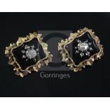 A pair of Victorian gold, rose cut diamond and black onyx brooches, of shaped rectangular form, with