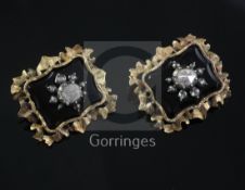 A pair of Victorian gold, rose cut diamond and black onyx brooches, of shaped rectangular form, with