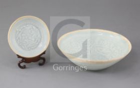 A Chinese Qingbai moulded dish and a bowl, Yuan dynasty (1271-1368), the small dish moulded in