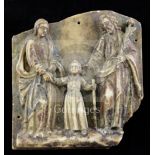 A 15th century Nottingham relief carved alabaster plaque of The Holy Family, the Virgin and