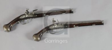 A pair of 20 bore Flemish flintlock holster pistols by C. Chaplot A. Adelshein, late 17th century,