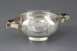 A George V silver quaich with Blue John cabochon set lug handles, A. Wilcox, Birmingham, 1933, 9.5