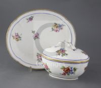 A Sevres quatrelobed dish and a similar ecuelle and cover, c.1753 and 1763, both painted with floral