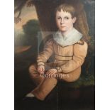 Early 19th century English Schooloil on wooden panelFull length portrait of a boy seated in