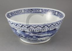 A Chinese blue and white bowl, 19th century, painted with sages and other figures in river