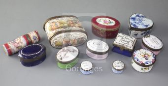 A collection of ten early 19th century and later enamel patch, pill and other boxes and two