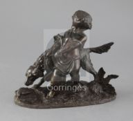 Peiffer. A bronze figure of a putto and dog, raised on a naturalistic base, height 7.75in.