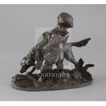 Peiffer. A bronze figure of a putto and dog, raised on a naturalistic base, height 7.75in.