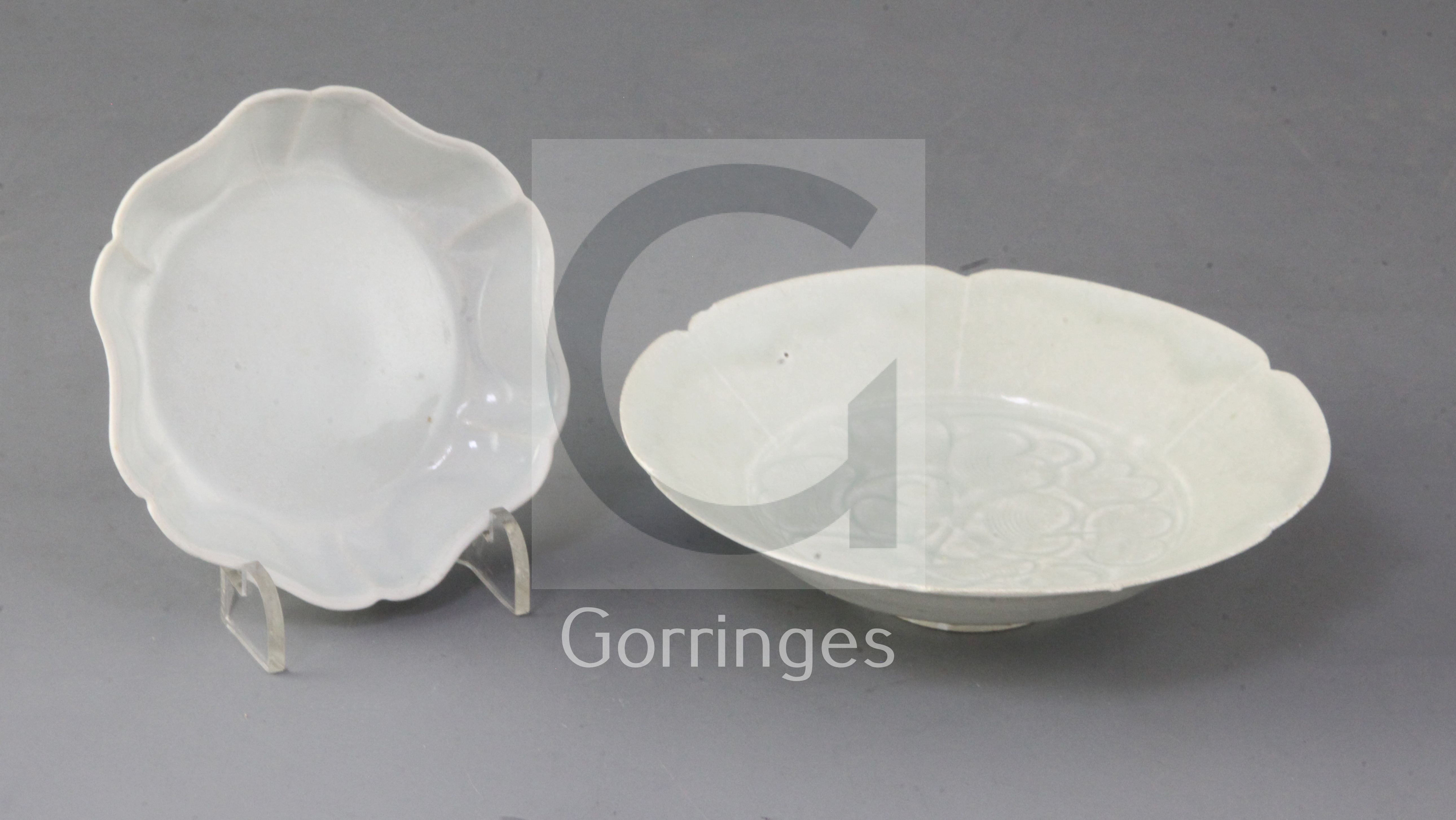 Two Chinese Qingbai petal lobed dishes, Song dynasty, the larger dish incised with a foliate