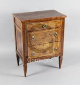 A late 18th century North Italian walnut and pictorial marquetry petit commode, decorated with a