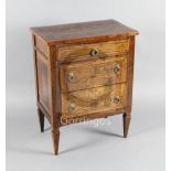 A late 18th century North Italian walnut and pictorial marquetry petit commode, decorated with a