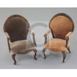 Denis Hillman. A pair of Louis XV style beech fauteuils, with rounded backs, and open arms on