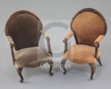 Denis Hillman. A pair of Louis XV style beech fauteuils, with rounded backs, and open arms on