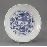 A Chinese blue and white 'dragon' saucer dish, 19th century, apocryphal Qianlong seal mark, 17.2cm