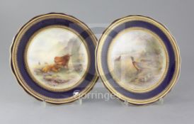 A pair of Royal Worcester cabinet plates, decorated by James Stinton, with Highland cattle and