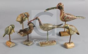 A collection of six modern painted wood decoy birds