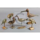 A collection of six modern painted wood decoy birds