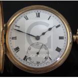 A George V 9ct gold half hunter keyless pocket watch, together with a 9ct gold albert chain hung